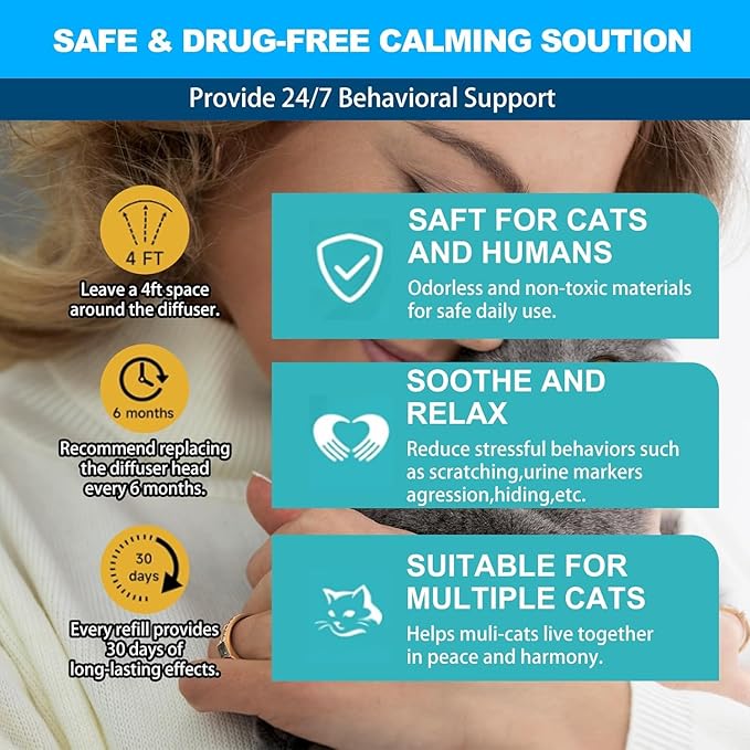 Cat Calming Diffuser, Cat Pheromones Calming Diffuser, Effectively Relieve Anxiety Stress Cat Diffuser Calming Multicat with 1 Diffuser + 2 Refill 48ml Last 60 Days Fits All Cats