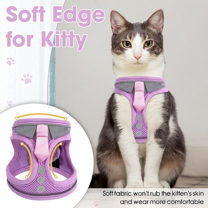 Cat Harness and Leash Set for Walking Escape Proof, Soft Adjustable Kitten Harness Breathable Mesh with Reflective Strips Harness for Kitty Puppy Bunny(Purple,XS)