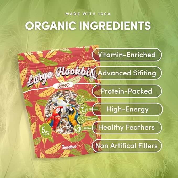 Mycelium Organic Large Hookbill Plus Bird Food (5 LB Bag) | Premium Daily Bird Seed for Macaws, Cockatoos, & Amazons | High-Protein, Vitamin-Fortified Skin & Feather Support | Non-GMO & USA-Made