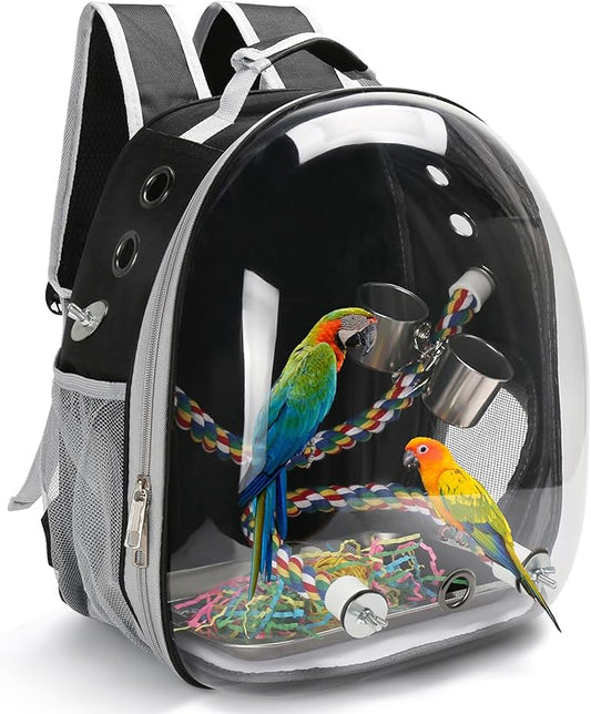 Bird Backpack Carrier, Travel Bird Cage for Small Medium Size Parrot Parakeet Budgies Cockatiel, Portable Clear Bubble Window Bag with Stainless Steel Tray Food Bolw Standing Perch (Black)