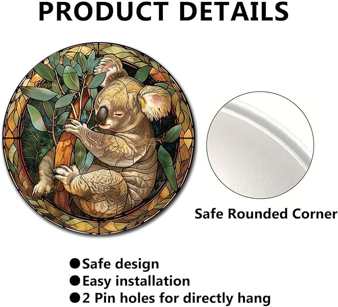 Lygond Metal Sign Tin Sign Circular Stained Glass Koala Tin Signs Gardening for Pub 12×12 Inches