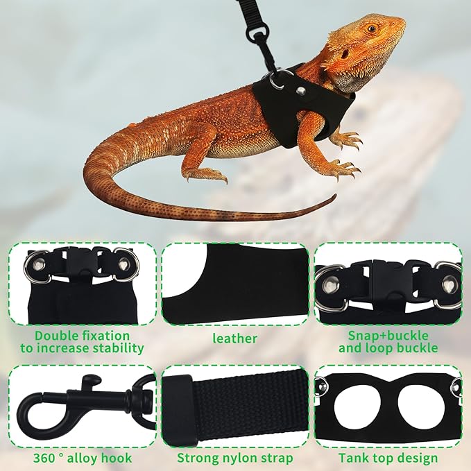 3Size Black Bearded Dragon Leash and Harness Set, Adjustable Bearded Dragon Harness with Lizard Traction Rope for Reptile, Lizard Leash/Squirrel Harness/Small Rabbit Traction Rope (S, M, L)
