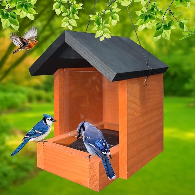 Hanging Wooden Platform Bird Feeder – Outdoor Tray Bird House Feeder for Cardinals and Wild Birds – Flat Platform Feeders for Backyard and Garden Use (Orange)