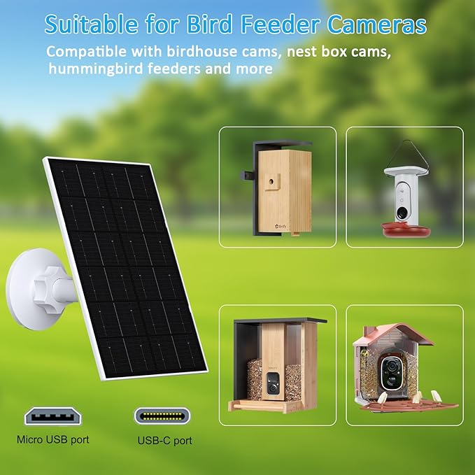FUTUREZEN 4W Solar Panel for Bird Feeder Camera, USB-C/Micro USB Solar Charger with IP66 Waterproof, 360° Adjustable Mount, 9.8FT Cable