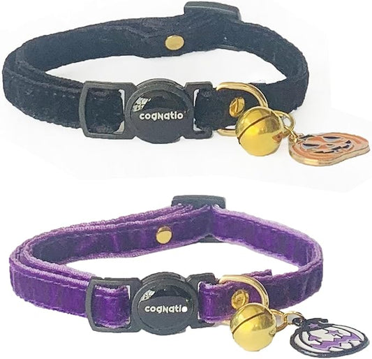 Safety Quick Release Cat Collars,Double Velvet with Bell Available in a Range Colors,Perfect for Your Kitty, Adjustable 20-30 cm (20-30cm, Halloween Set 2)