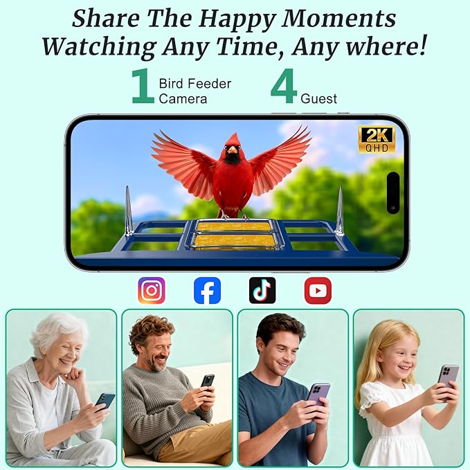 Smart Bird Feeder with Camera & AI Identification, 2K HD Live View, Solar Powered, Instant Arrival Alerts, IP65 Waterproof for 10,000+ Bird Species