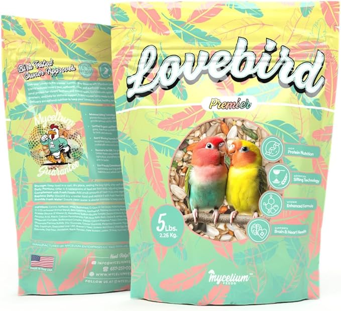 Mycelium Organic Lovebird Premier Feed (5 LBS) | Premium Bird Food for Lovebirds & Small Parrots | High-Protein, Vitamin-Fortified Daily Nutrition | Supports Brain & Heart Health | USA Made, Non-GMO
