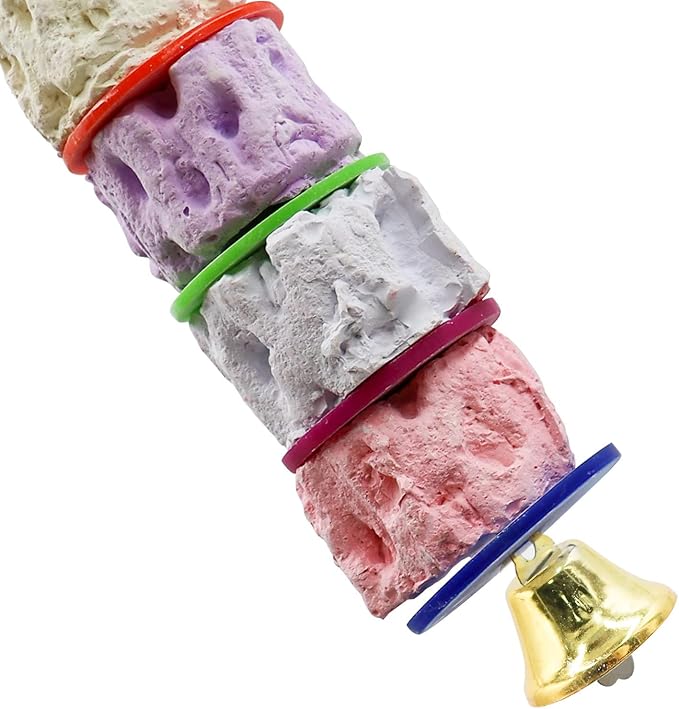 Large Bird Chewing Toy, Colorful Parrot Beak Grinding Calcium Stone with Bells, Bird Cage Accessories, Cage Toys for Cockatiel Parakeet Budgies Rat Hamster Chinchilla Rabbit Bunny African Grey(1 Pack)