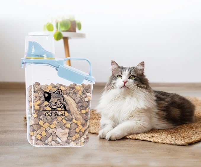 Airtight Dog & Cat Food Container - Measuring Cup/Pour Spout - Portable, Transparent - Blue