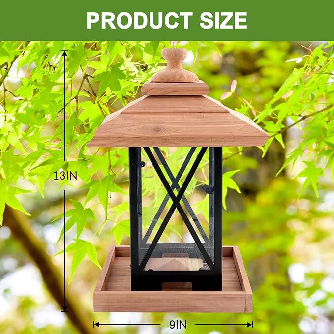 Cedar & Metal Frame Bird Feeder for Outdoors Hanging Mount Large Capacity, Black Wooden Garden Roof Feeder Lantern Style, Cardinal Bluebird Birdfeeder with Iron Frame Wall for Garden Decor Durable