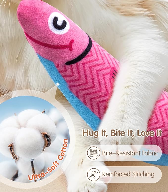 Interactive Cat Toys with[5000mg Premium A+Catnip &Silvervine][Baby Grade] Soft Chew Kicker Cat Toys for Indoor Cats & Kittens, Crinkle &Rattle Fish Sound Toy, Drives Bored Cats Crazy with Fun,3 Pack