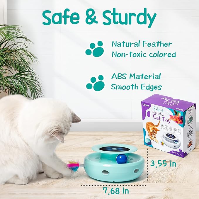 ORSDA Cat Toys 2-in-1 Interactive Cat Toys for Indoor Cats, Automatic Cat Toy Balls, Mice Toys Ambush Feather Kitten Toys with 7pcs Attachments, Dual Power Supplies, Adjustable Speed, Auto On/Off