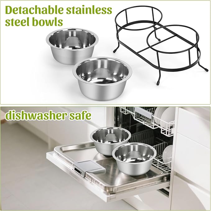Stainless Steel Raised Dog Bowls with Stand 2 Removable Pet Feeder 15 °Tilt Elevated Pet Water Food Bowls for Dogs Cats Rabbits