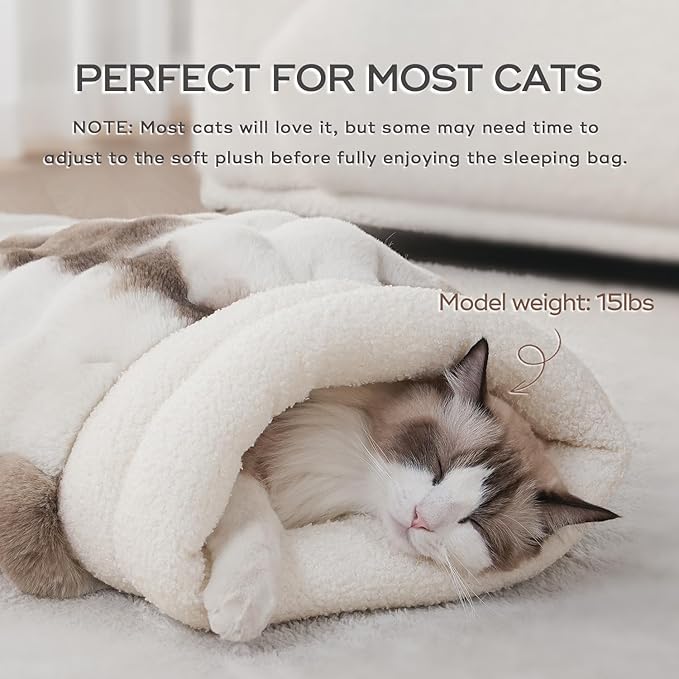 Cat Sleeping Bags for Indoor Cats Self Warming Cat Bed Fits up to 15 lbs Pets Soft Plush Warm Bed 360° Wrap Bag Washable Comfortable Pet Sleeping Bed 21" × 17" Coffee White