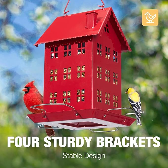 Veehoo Bird House Feeder for Outdoors Hanging, Metal Wild Finch Feeders for Outside, Outdoor Cardinal Birdfeeder Decorative Unique for Mixed Seed, Red