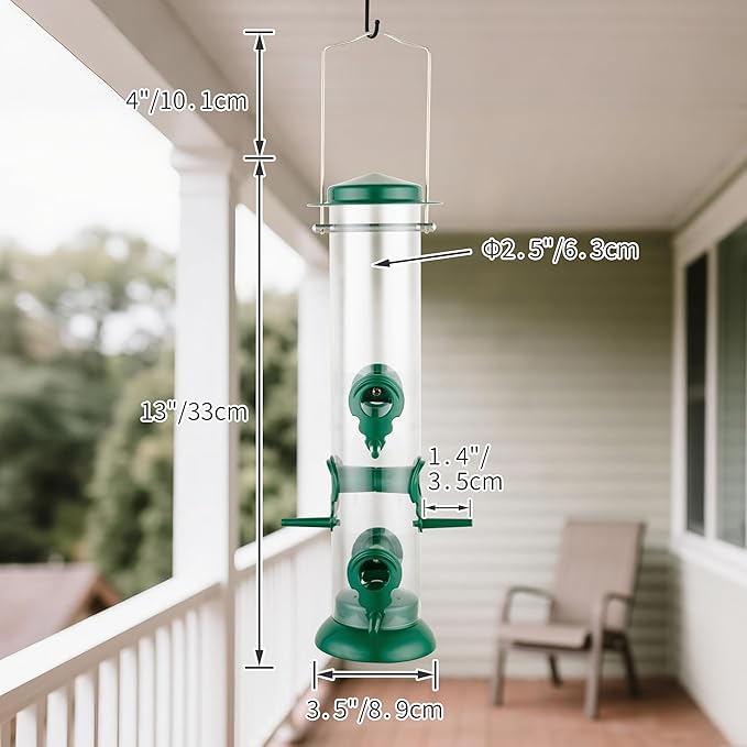 Metal Tube Bird Feeders for Outdoors Hanging,Finch Feeders for Outside,Chew-Proof Hanging Birdfeeder,Squirrel-Proof 6 Ports Bird Feeder 13 Inch,Anti-Rust,Green,1 Pack(Seed is not Included)