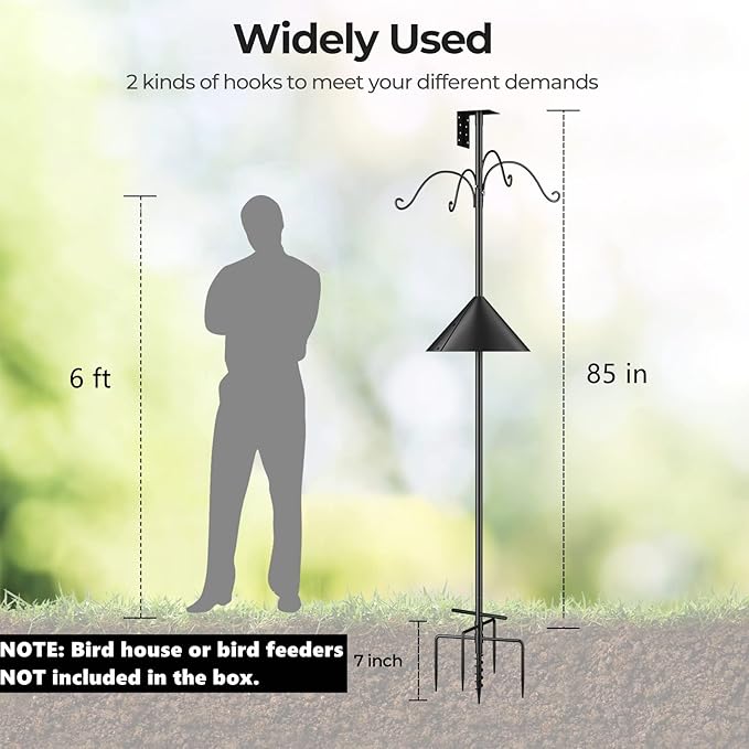 92 Inch Bird House Pole for Garden, Optimech Bird Feeder Poles with Squirrel Proof Baffle 4 Shepherd Hooks,Heavy Duty Stand 5-Prong Anchor Feeding Station (Bird House NOT Included)