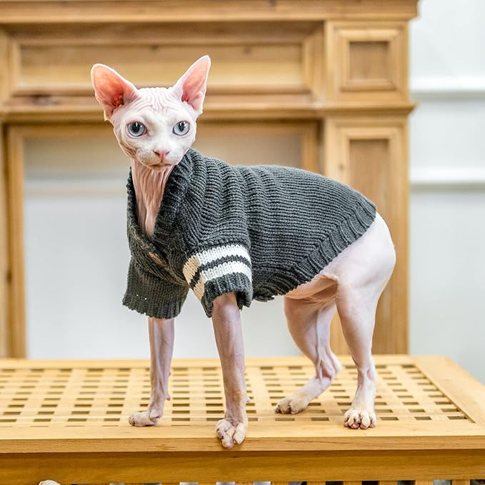 EXPAWLORER Cat Sweater Cardigan - Stylish Knitted Cat Clothes, British Style Soft Puppy Sweater with Sleeve Warm Pet Clothing Knitwear, Fall and Winter Kitten Coat for Girl Boy Cats, Grey Large