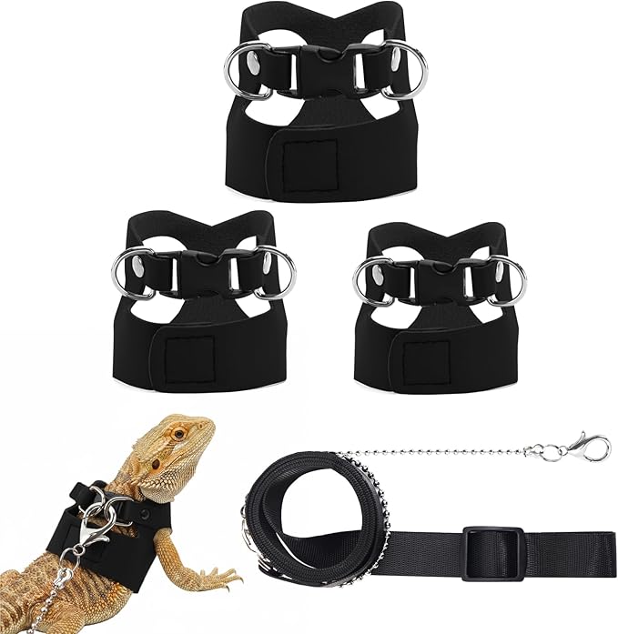 3 Pack Bearded Dragon Leash and Harness Set for Small Animals, 6.5FT Leash with 3 Sizes Adjustable Harness for Lizard Walking Adventure, Soft Vest Clothes for Squirrel Reptile Lovers -Black
