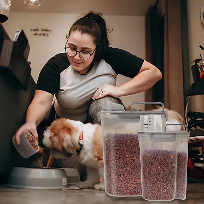 (3+5LBS 2Pack Cat Dog Food Storage Container Upgraded Large Nozzle BPA-free, Plastic Pet Food Containers, With 4 Sealed Clasps/1 Measuring Cup/Handle Easy Clean and Carry (Clear Grey)