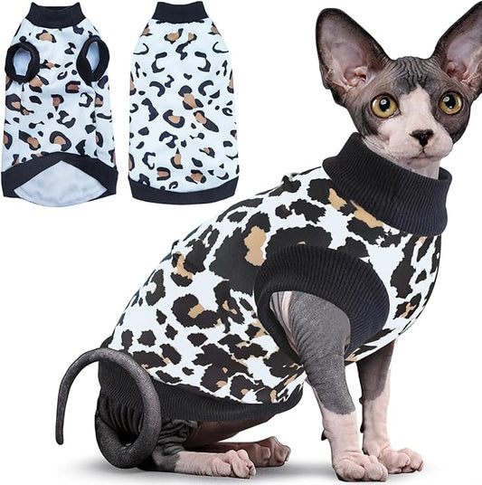 Idepet Cat Clothes Kitten Sweater Soft Kitten Shirt Cute Leopard Print Kitty Vest Pullover Pajamas Jumpsuit Cotton Apparel for Hairless Cats &Puppy (White,M)