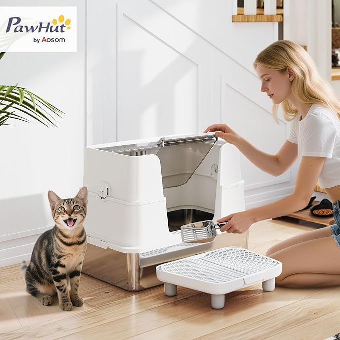 PawHut XL Stainless Steel Litter Box with Lid, Extra Large Top & Side Entry Enclosed Litter Box for Big Cats with 100° Flip Top, Scoop, Step, Odor Free, Easy Cleaning, Non-Sticky, Anti Leakage