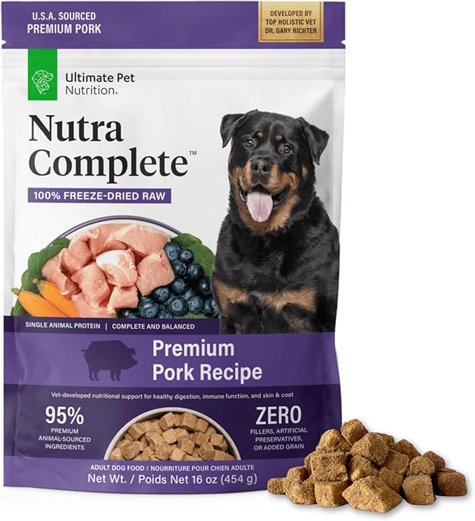 ULTIMATE PET NUTRITION Nutra Complete, 100% Freeze Dried Veterinarian Formulated Raw Dog Food with Antioxidants Prebiotics and Amino Acids, (1 Pound, Pork)