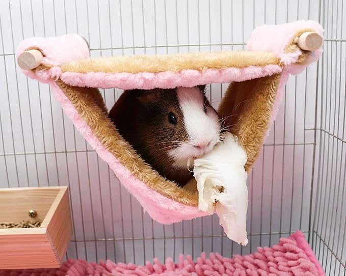 Fleece Winter Warm Rat Hammock, Double Layer Hanging Birds Nest Bed Tent with Warm Fleece, Bird Cage Stand Perch, Hideaway Cave Bed Accessories for Rat, Guinea Pig, Chinchilla (Pink)
