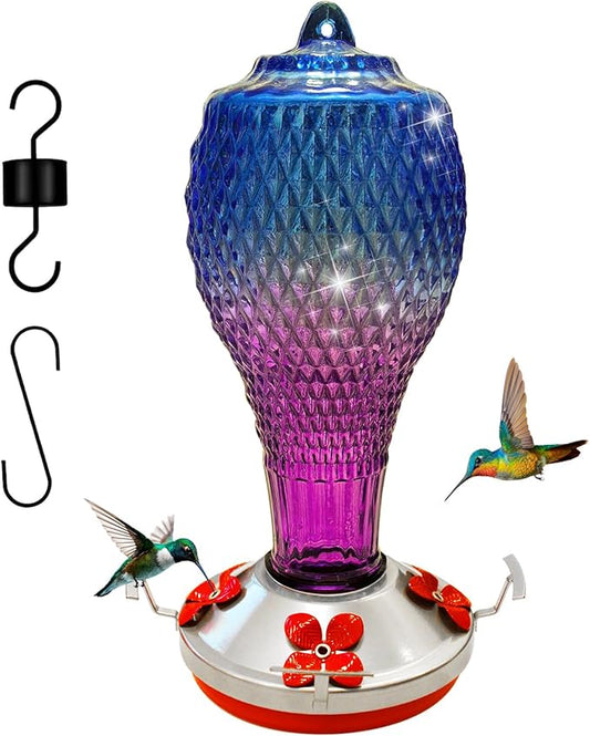 Hummingbird Feeder for Outdoors,17 OZ Glass Humming Bird Feeder for Garden,Backyard Decor,Four Flowers Feeding Ports,Leak Proof,Ant Moat Included,Humming Gifts for Women