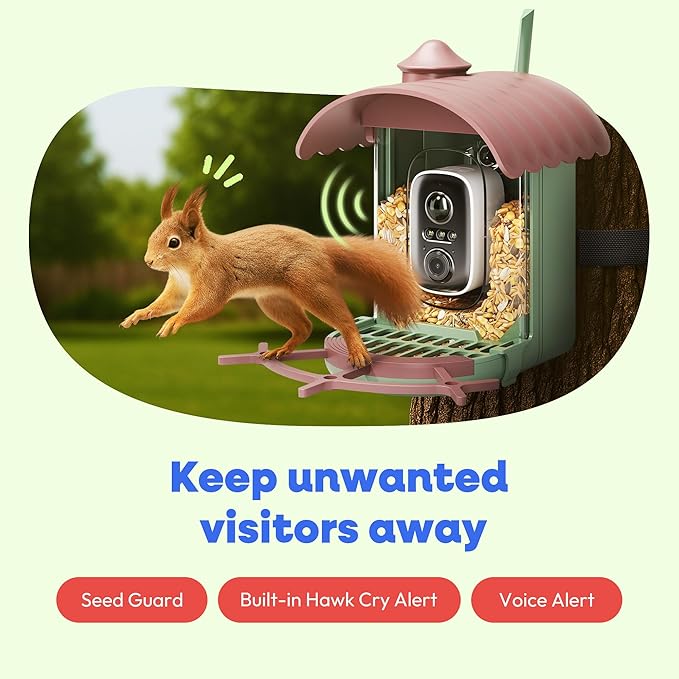 Bird Feeder with Camera – AI Identifies 10,000+ Birds, Real-Time Alerts & Two-Way Audio – Solar & Wired Powered, IP65 Waterproof for Backyard, Garden, Patio – Ideal for Bird Lovers