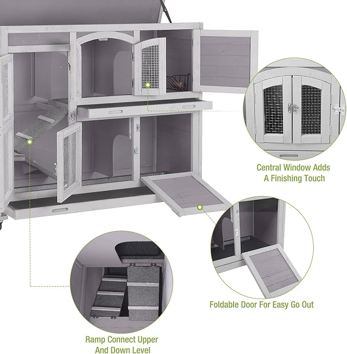 GUTINNEEN Guinea Pig Cage 2 Story Indoor Rabbit Hutch Outdoor Bunny House with Wheels and Leakproof Tray 47" L