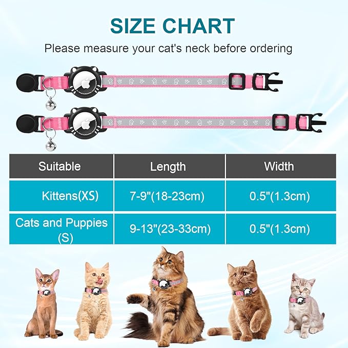 Airtag Cat Collar, Reflective Cat Collar with Apple Air Tag Holder, Breakaway GPS Tracker Pet Collar with Bell for Cat Kitten, Airtag Not Included, Pink, XS(7-9 Inch)