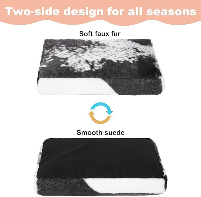 Bedfolks Waterproof Crate Bed, Plush With Removable Washable Cover, Faux Fur Pad for Large Dogs, Fluffy Kennel 35"x23", Black-White Cowhide