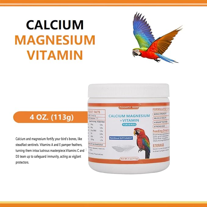 Calcium Powder for Birds with Magnesium & Vitamin D3 – 4oz，Essential for molting Period ， Faster Feather Regrowth, Strong Beak & Bone