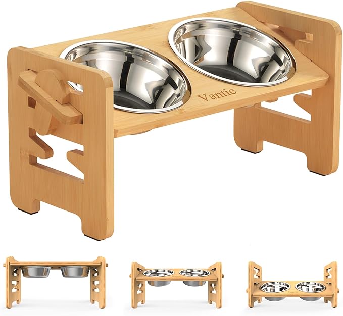 Vantic Elevated Dog Bowls, Adjustable Raised Dog Bowl Stand for Small Puppy and Cats, Sturdy Bamboo Pet Food Feeder with 2 Stainless Steel Dishes, Natural
