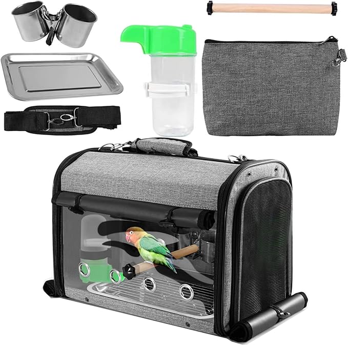 Sanmoncare Bird Carrier Bag Cockatiel Travel Cage with Stand, Lightweight Travel Carrier for Small Bird, Portable Parrot Travel Bag, Pet Transparent Travel Backpack