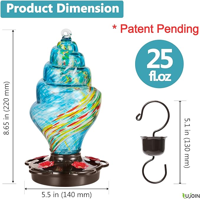 Spiral Shaped Hummingbird Feeder for Outdoors, Hand Blown Glass, 25 fl.oz, Leak Proof & Rustproof, Includes an Ant Moat, Metal Cover with 5 Feeding Ports & 5 Perches, Blue