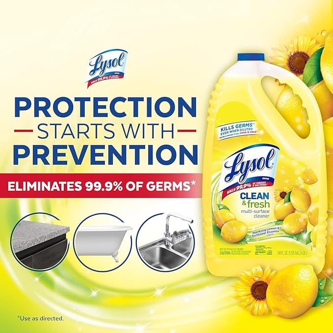 Lysol Multi-Surface Cleaner, Sanitizing and Disinfecting Pour, to Clean and Deodorize, Sparkling Lemon and Sunflower Essence, 144 Fl Oz