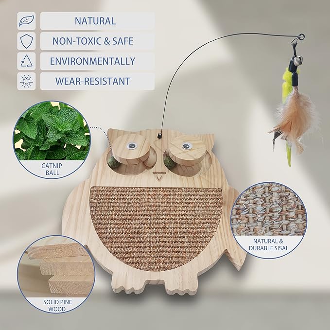 Petest Interactive Cat Toy Natural Sisal Cat Scratcher Toy with Catnip Balls, Owl Design