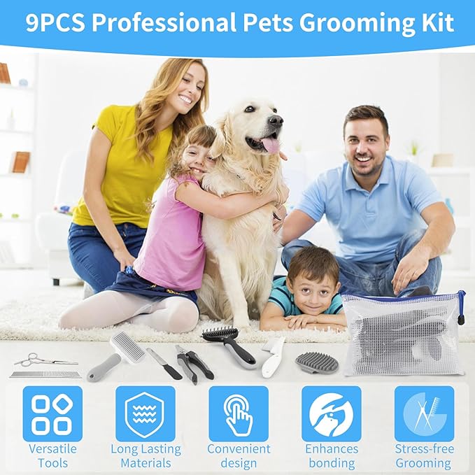 Cat Grooming Brush, 9PCS Dog Brush Kit with Pet Nail Clipper and File, Deshedding Brush for Cats, Cats Dog Shedding Brushs for Small Large Pets, Includes Flea Comb, Bath Brushs,Undercoat Rake (Grey)