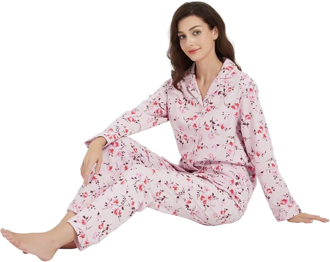 GLOBAL Flannel Pajamas for Women 2-Piece Comfy and Cozy Flannel Pj Set Cotton Loungwear