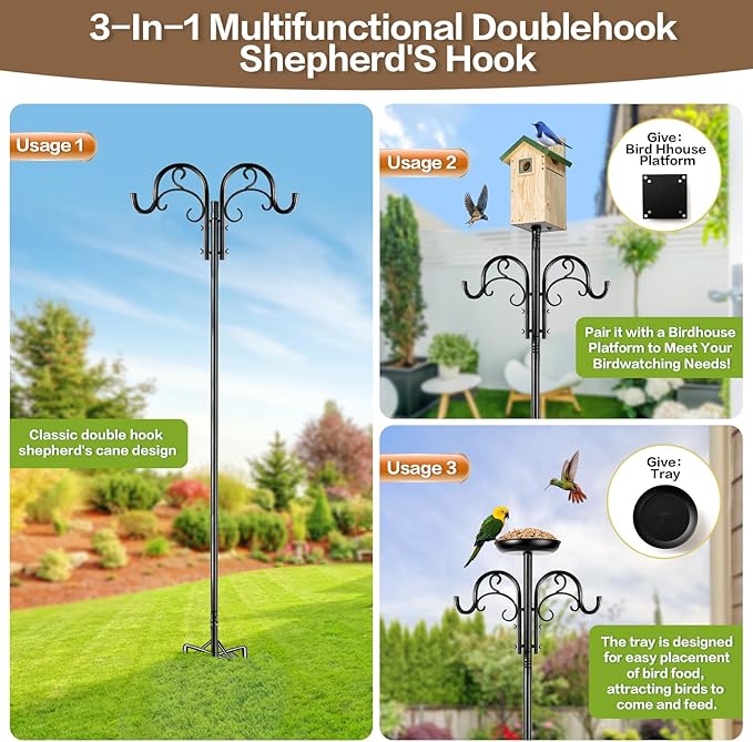 Double Shepherds Hooks for Outdoor Heavy Duty, Adjustable Shepherds Hook, 1 Pack 77 inch with 5 Prongs Base, Garden Hooks for Hanging Bird Feeders, Hanging Plants, Solar Light Lantern