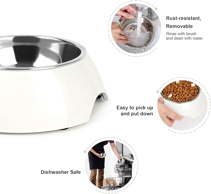Elevated Dog Bowls Set - Non-Slip Raised Pet Feeder with Medium (10 oz) & Large (20 oz) Stainless Steel Bowls - Includes Durable Resin Stand for Puppies, Adult Dogs & Cats - White