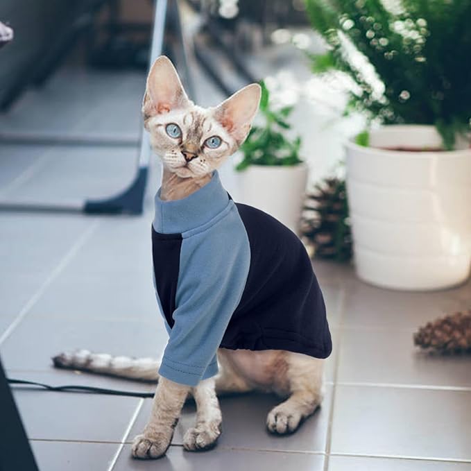 T'CHAQUE Cat Pajamas - Soft Cat Clothes& Shirts & Pajamas with Sleeves, Stretchy Sweater, Pullover Kitten Clothes, Blue, Large