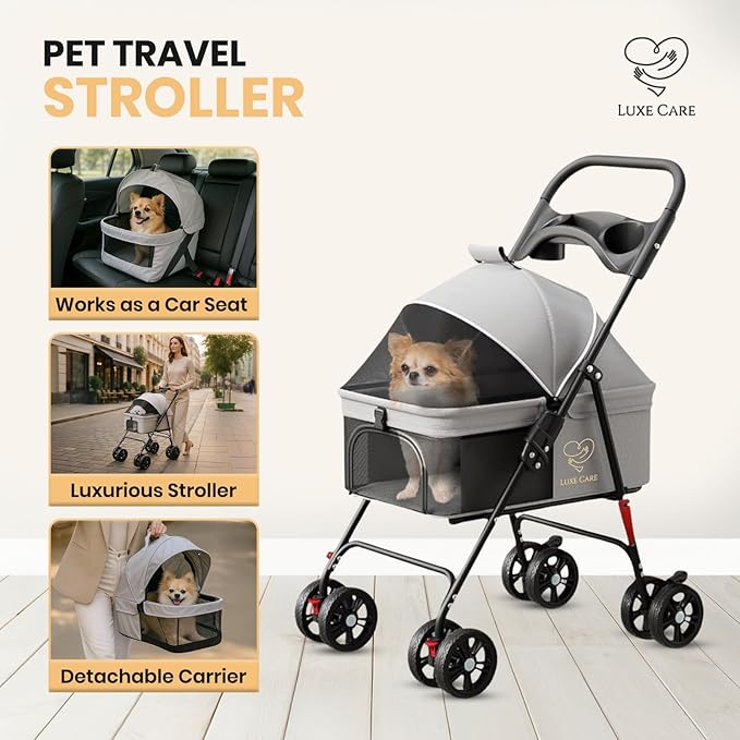 Luxe Haus 4 Wheel Foldable Pet Stroller - Lightweight Dogs and Cats Stroller Upto 44lbs with Mesh Canopy, Storage Basket and Cup Holder, Durable for Walks and Outings (Small)