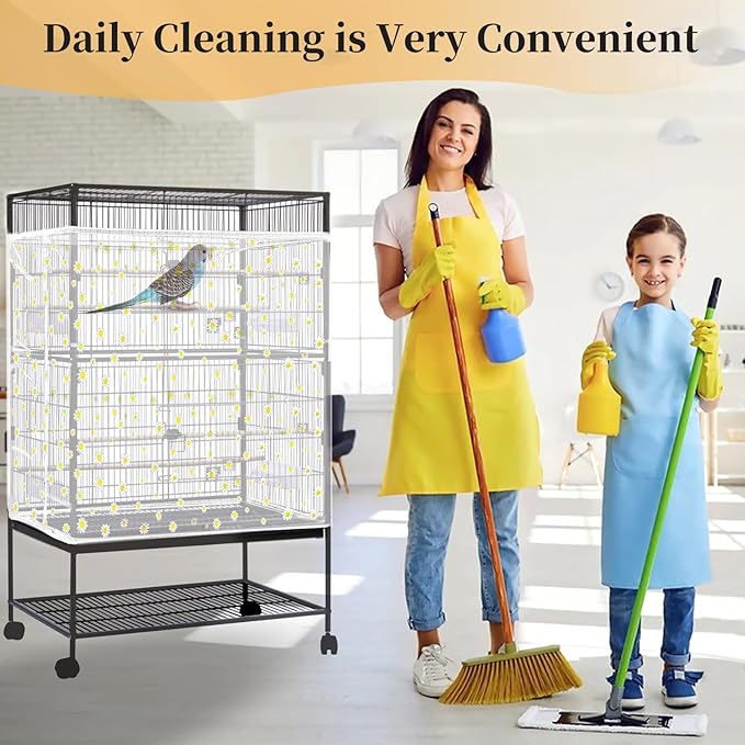 Daoeny Bird Cage Seed Catcher, Large Bird Cage Cover, Adjustable Soft Airy Nylon Mesh Net, Birdcage Cover Skirt Seed Guard for Parrot Parakeet Macaw African Round Square Cages (White, Daisy Design)