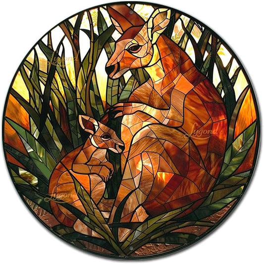 Lygond Metal Sign Tin Sign Circular Stained Glass Kangaroo Tin Signs For Garden For Bar 12×12 Inches