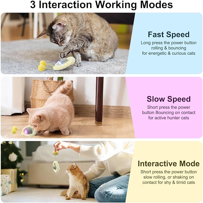 Interactive Cat Toys for Indoor Cats, Automatic Motion Toy in Pouch, Activated Fast Rolling Ball in Play Mat, Hide and Seek Mouse Catching Game with Chirping, LED Light, Auto On/Off (Grey)