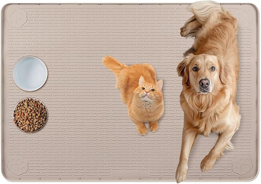 Cat Food Mat, 34" x 22" Large Silicone Pet Feeding Mat for Food and Water Bowls Non-Slip, Easy to Clean (Beige)
