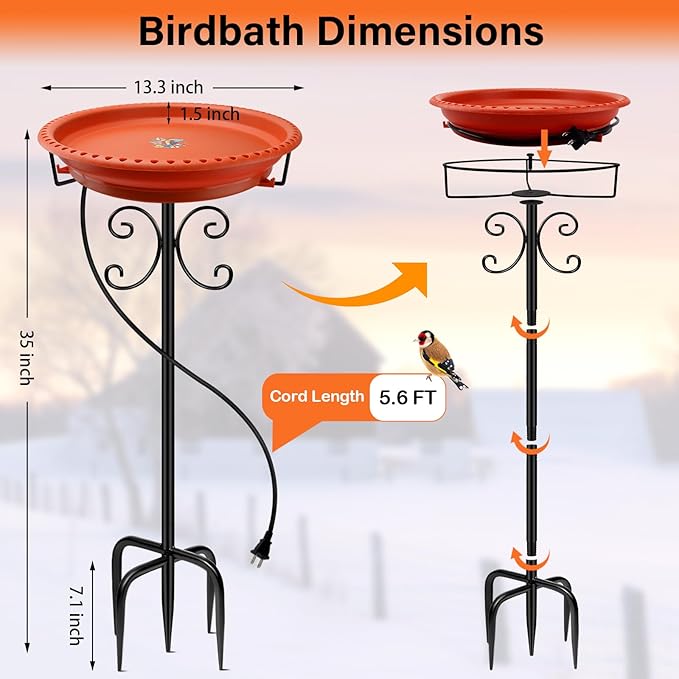 Daoeny Heated Bird Baths for Outdoors, Upgraded 100W Thermostatically Controlled Heated Bird Bath with 5-Prong Metal Base, Heated Bird Bath for Outside Winter Garden Patio Yard Lawn(Terracotta)
